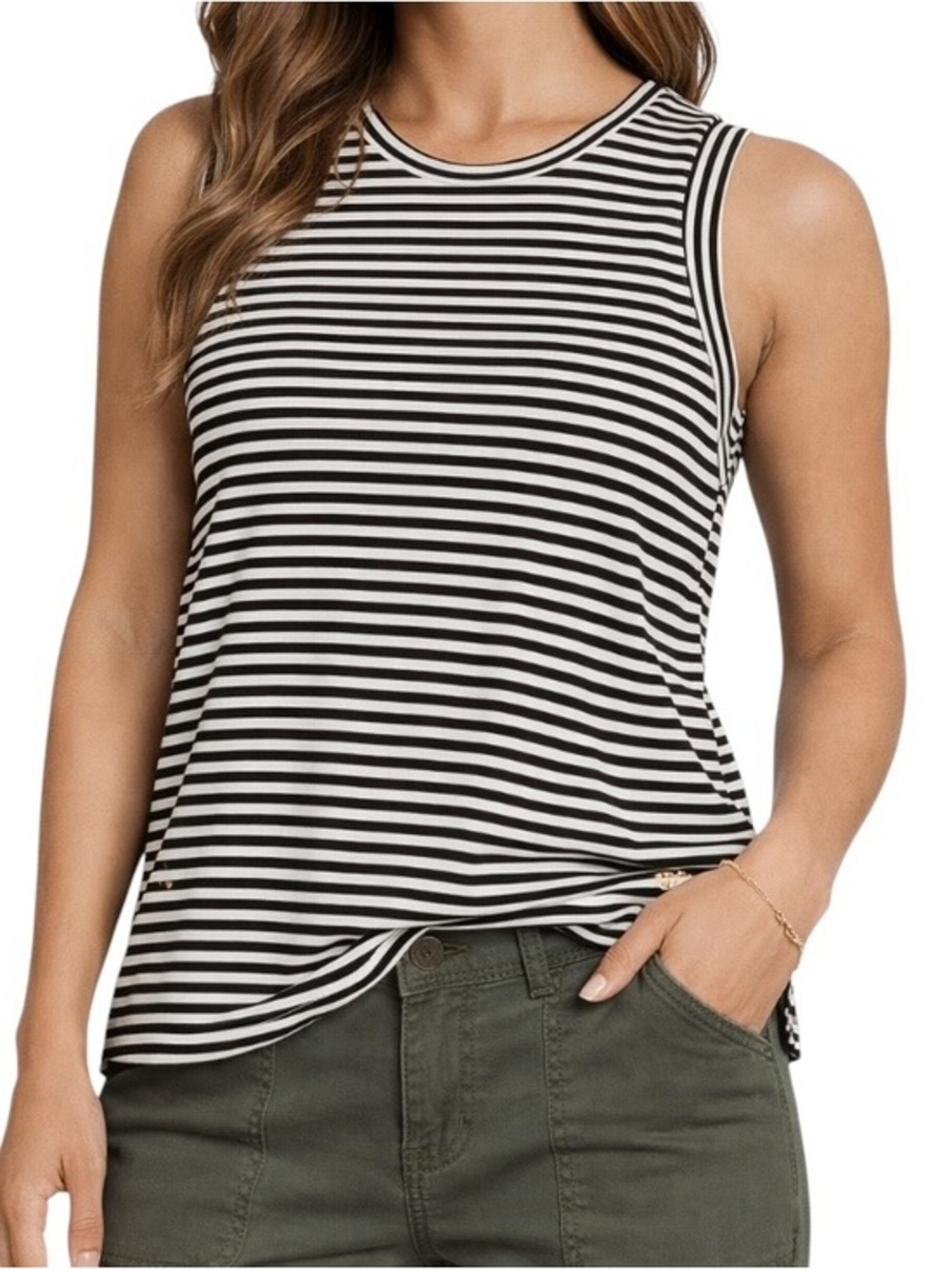 Michael Kors Striped Tank Top M Black White Sleeveless Cotton Modal Side Slit